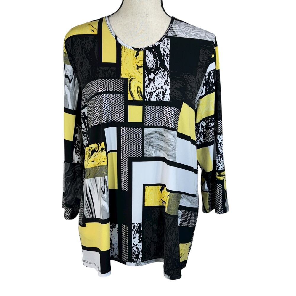Allison Daley Large Top Geometric Stretch 3/4 Sleeve Round Neck Pullover Multi